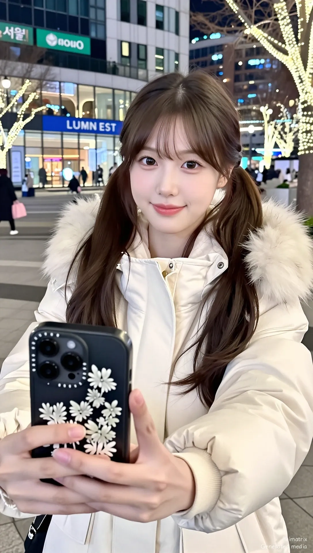 Candid Selfie in a Bright, Modern City Square at Night.