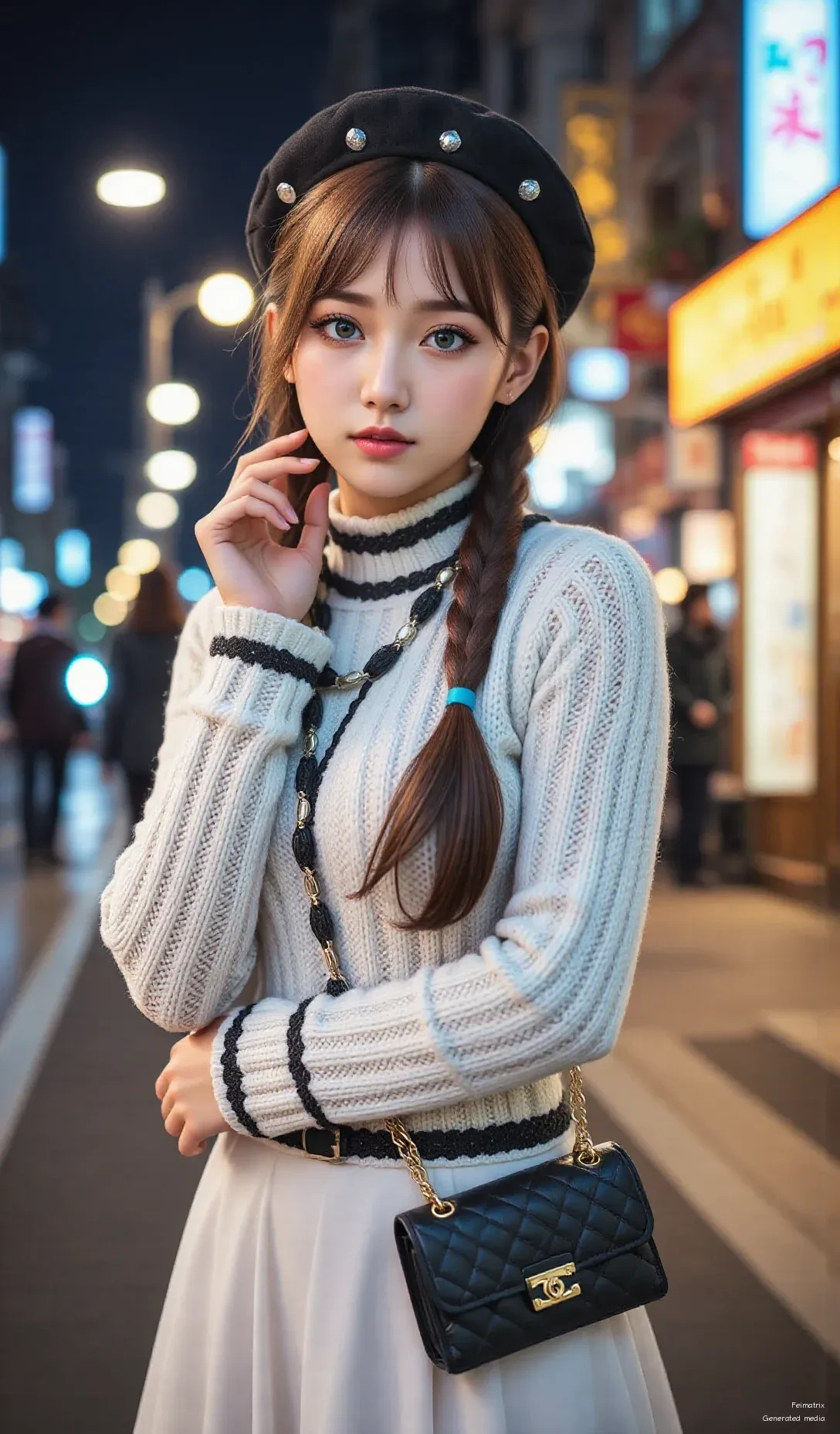 Stepping out in my favorite cozy knit and a chic beret for a little evening stroll. I'm loving the city lights tonight! ✨