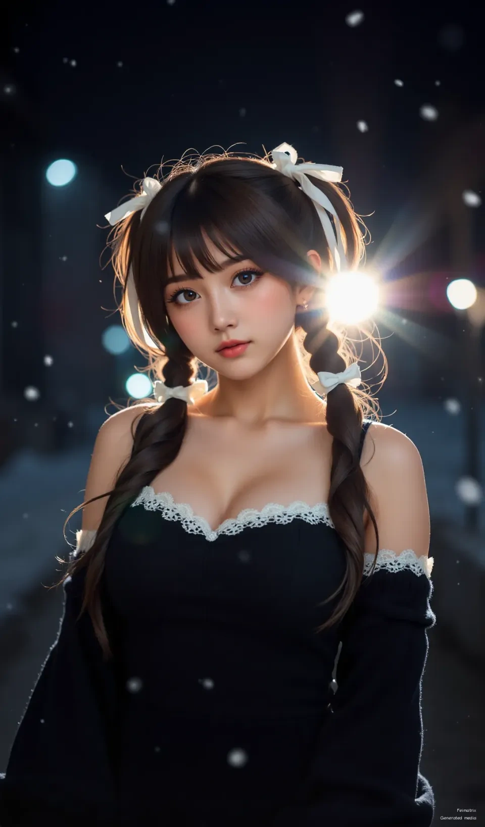 ✨ Winter’s magic just hit me…   I’m dressed for the night, lights flicker behind me, and snowflakes? They’re dancing around my hair.   This moment? Pure fantasy.