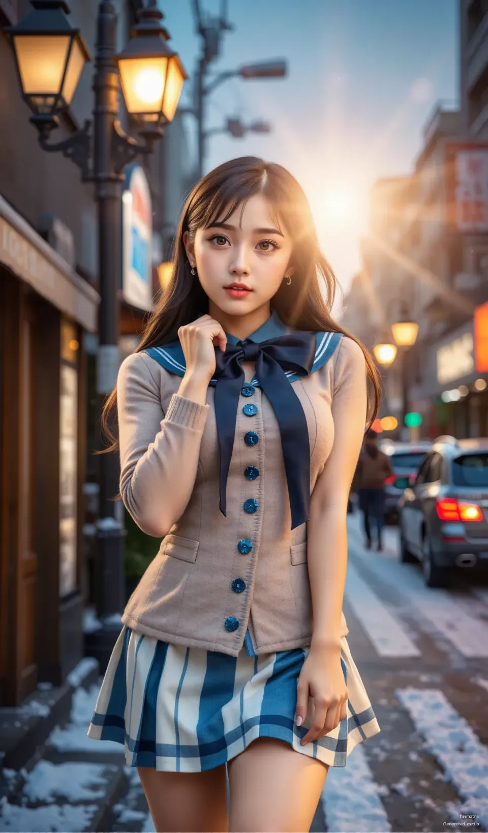 Amber Radiance: The Golden Hour Silhouette in a Snowy Street