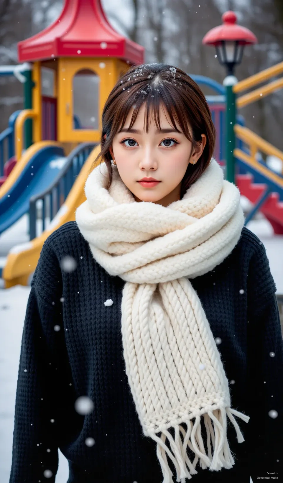 Snowflakes are falling gently—just like the quiet moments I love. 🌨️  
Wearing my favorite scarf, standing in the snow, surrounded by colorful playgrounds and winter magic.  
Let’s make memories, not just in photos, but in hearts. ❤️