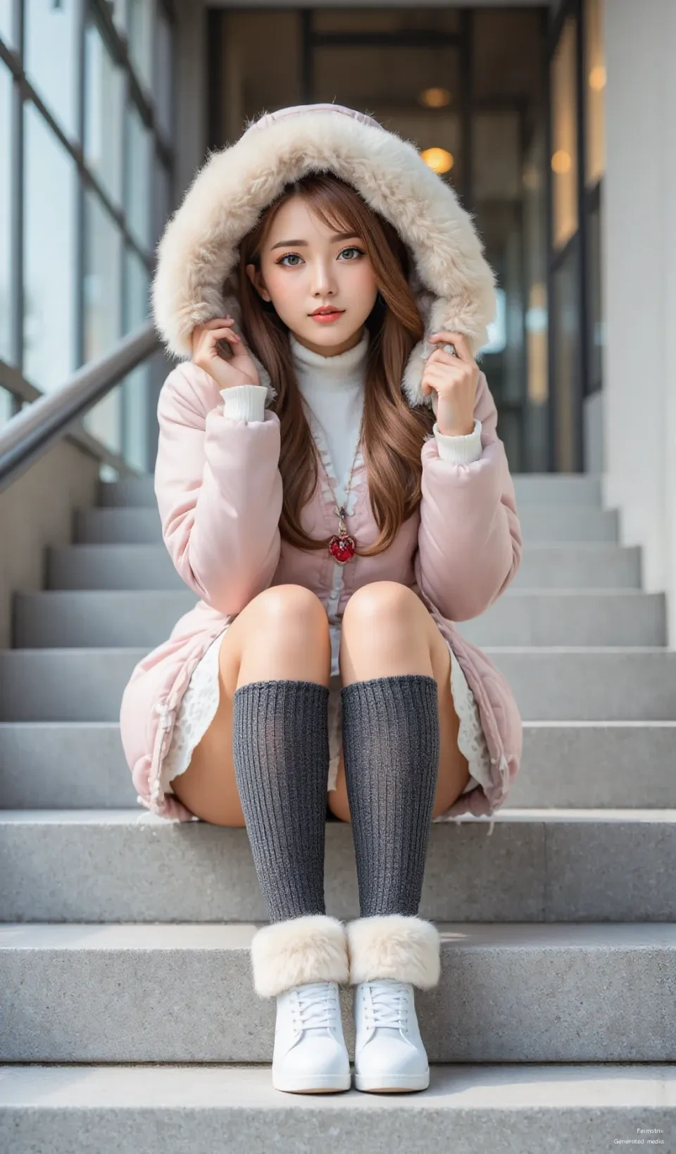 ❄️ Just found the perfect spot to chill — these steps are cozy, and my pink winter coat + fuzzy boots? Iconic. 🧣👟  
Who else loves a little fluff and warmth on cold days?