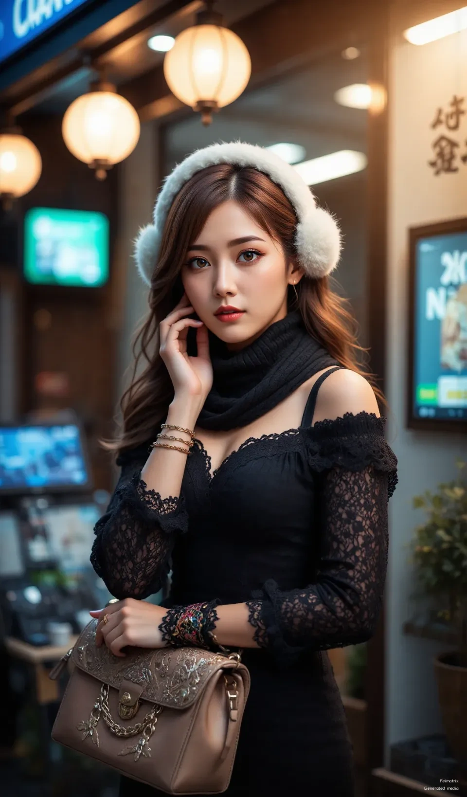 I just walked into this cozy spot, and I’m already feeling the vibe. 🌸  
Black lace, fuzzy ear warmers, and a little sparkle in my bag.  
Who else is ready to chill with a good coffee and a good look? ☕️📸