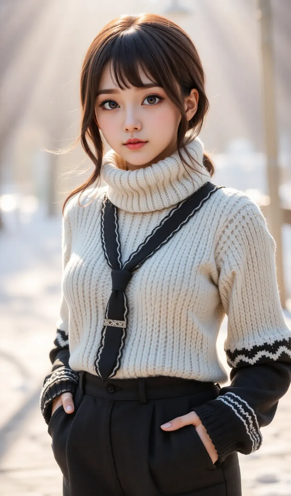 I just found my favorite winter vibe 🌿   This cozy sweater + sunlit street = perfect balance of comfort & style.   No worries, I’m not going anywhere — just chilling with my hands in pockets and a smile on my face.