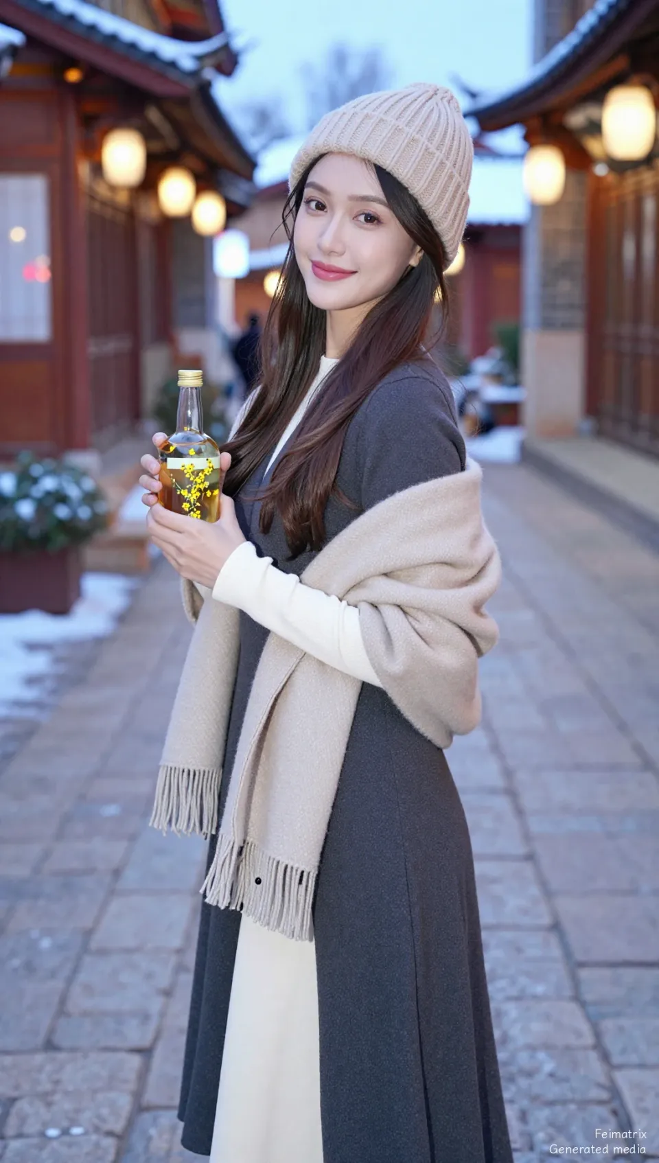 Sipping Golden Light in a Snowy Alley